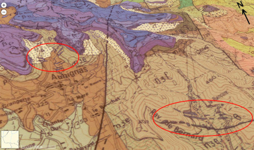 Extrait de la carte géologique d'Aubenas en relief montrant les coulées de basalte mio-pliocènes (en violet) perchées au sommet du plateau du Coiron surmontant les marno-calcaires mésozoïques (en marron)
