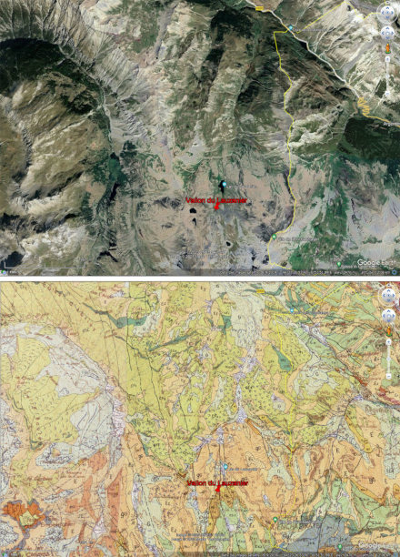 Vue aérienne et carte géologique correspondante du secteur du Vallon du Lauzanier, Alpes-de-Haute-Provence