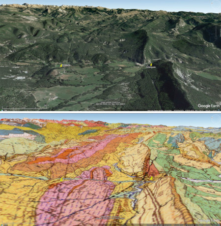 Vues aériennes sans et avec application de la carte géologique du secteur de Collongues (Alpes-Maritimes)