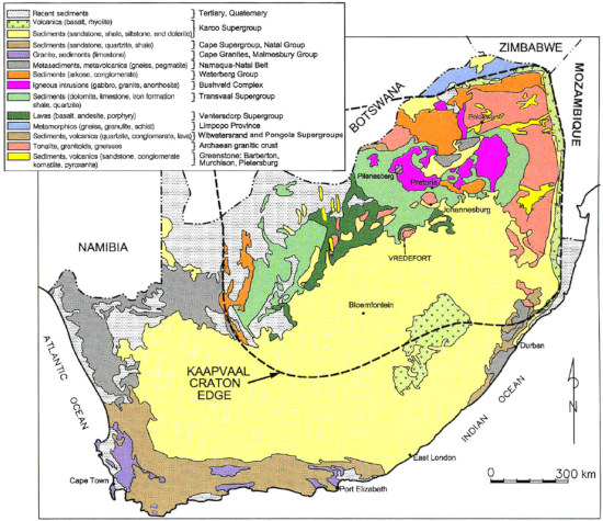 Carte géologique simplifiée de l'Afrique du Sud