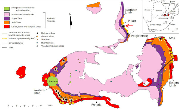Carte géologique du complexe du Bushveld où sont indiquées les principales mines de platine (étoiles noires) et de chrome (hexagones jaunes)