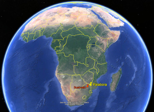 Localisation du pipe de Palabora au Nord-Est de l'Afrique du Sud et de son voisin, le Bushveld, deux monstres magmatiques du Paléoprotérozoïque local