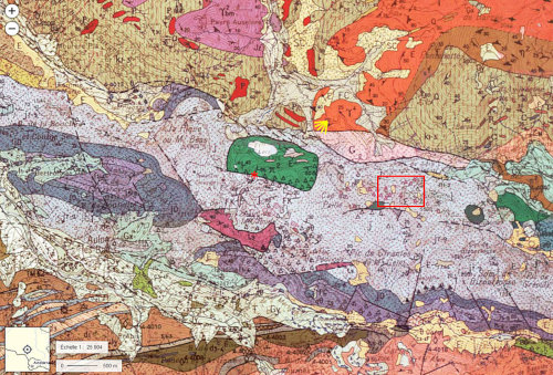 Extrait de la carte géologique d'Aulus-les Bains à 1/50 000 centré sur le massif de Lers (quasi rectangle vert)