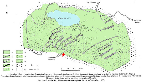 Extrait de la notice de la carte géologique à 1/50 000 d'Aulus-les-Bains (p.76) montrant la complexité du massif de Lers (Ariège)