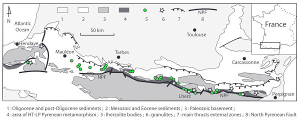 Carte tectono-métamorphique des Pyrénées montrant les affleurements de lherzolite et de granulite, la bande de métamorphisme HT-BP, et le tracé de la FNP