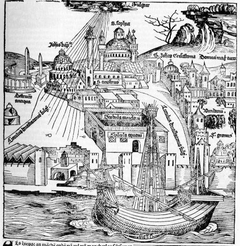 Gravure supérieure droite de la page 257 de la Chronique de Nuremberg, montrant un “phénomène céleste” (gros orage, météore ?) ayant eu lieu au-dessus de Constantinople en 1490