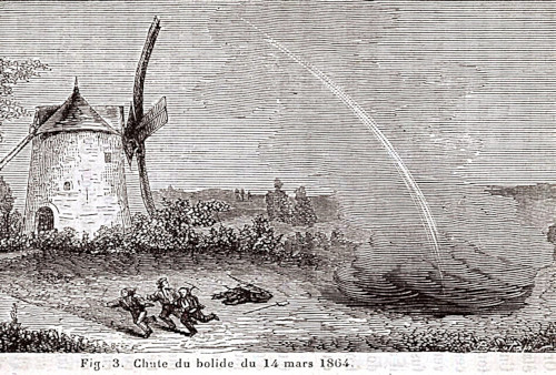 Gravure représentant la chute d’un des fragments de la météorite d’Orgueil (Tarn et Garonne) le 14 mai 1864