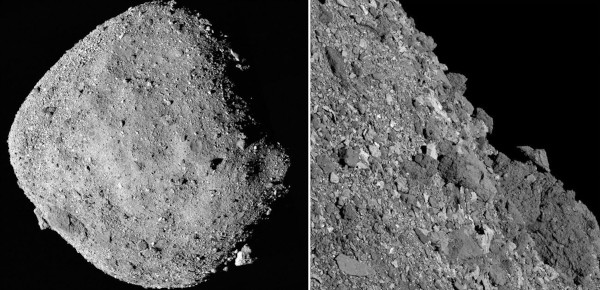 Vues globale et de détail de l’astéroïde Bénou (ou Bennu) photographié en décembre 2018 par la mission NASA OSIRIS Rex