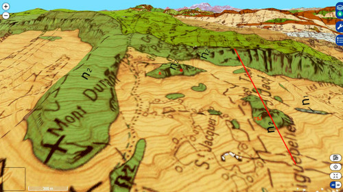 Carte géologique en vue oblique du “cirque de Saint-Jacques” avec la même projection que pour la figure précédente
