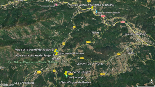 Localisation sur image aérienne des différentes zones observées aux alentours de Jaujac (Ardèche)