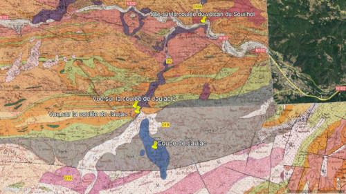 Localisation sur fond de cartes géologiques des différentes zones observées aux alentours de Jaujac (Ardèche)