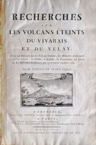 Page de titre de Recherches sur les volcans éteints du Velay et du Vivarais (1778) de Faujas de Saint-Fond