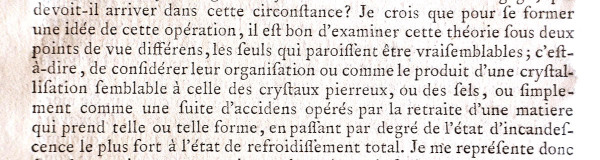 Extrait de la p.150 du livre de Faujas de Saint-Fond (1778), où l'auteur propose les deux hypothèses à la formation des prismes basaltiques