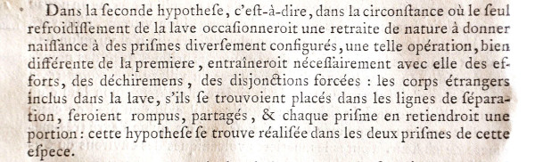 Extrait du livre de Faujas de Saint-Fond (1778), où l'auteur explique son choix d’hypothèse de formation des prismes basaltiques