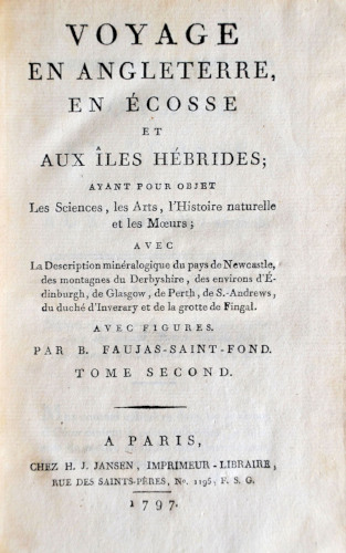 Page de titre du second tome du livre que de Faujas de Saint-Fond consacra à l'Angleterre et à l'Écosse en 1797