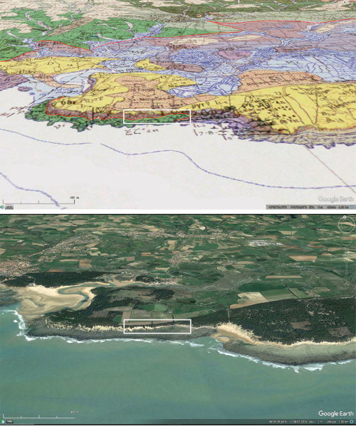 Extrait de la carte géologique à 1/50 000 Les Sables d'Olonne - Longeville et photographie aérienne correspondante