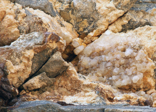 Zoom sur une petite zone où coexistent cristaux de quartz (à droite) et de barytine crêtée (en bas et à gauche), Lias silicifié de la Plage de la Mine (Vendée)