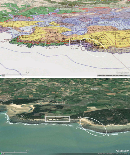 Extrait de la carte géologique à 1/50 000 Les Sables d'Olonne - Longeville et vue aérienne correspondante