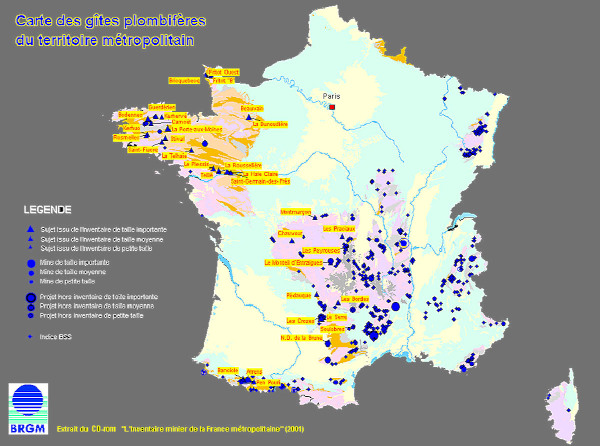 Carte des mines et gisements de plomb de France métropolitaine