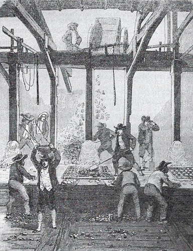 Enfants laveurs aux grilles, mines de Poullaouen, Finistère (journal L'IIlustration, 14 juin 1845)