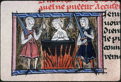 Miniature du XIIIe siècle montrant le supplice réservé aux faux monnayeurs : l'ébouillantage