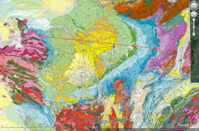 Localisation de la coupe de la figure précédente (trait rouge) sur fond de carte géologique de la France