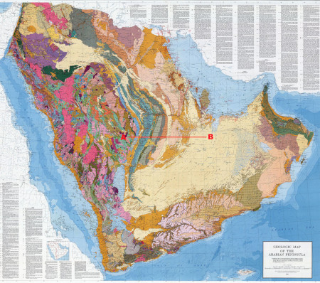 Carte géologique de l'Arabie saoudite localisant le trait AB de la figure précédente