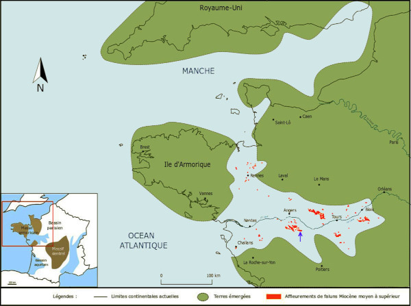 Extension maximale probable de la mer des faluns au cours du Miocène moyen et localisation des affleurements de faluns préservés de l'érosion