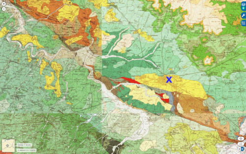 Extrait des cartes géologiques du secteur de Doué-la-Fontaine (croix bleue), Maine-et-Loire