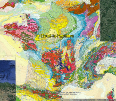 Localisation de Doué-la-Fontaine sur fond de carte géologique de France à 1/1 000 000