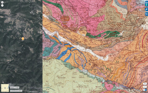 Contexte géologique de la charnockite d'Ansignan (Pyrénées-Orientales) sur fond de carte à 1/50 000