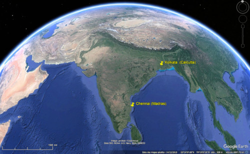 Localisation de Calcutta (Kolkata) et de Madras (Chennai) sur la côte orientale de l'Inde