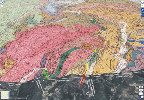 Carte géologique (quand elle existe) en vue oblique (vue orientée vers l'Est, sens inverse de la figure 14) localisant l'affleurement de brèches polygéniques (flèche rouge)