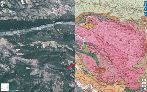 Carte géologique et vue aérienne dans le secteur non encore couvert par la carte récente de Saint-Paul-de-Fenouillet, en vue verticale