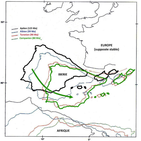 Reconstitution "classique" (en carte) du mouvement de l'Ibérie par rapport à l'Europe (supposée stable) entre l'Aptien (125 Ma) et le Campanien (80 Ma)