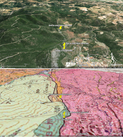 Vue et carte géologique obliques du secteur de Trévillach (Pyrénées-Orientales)