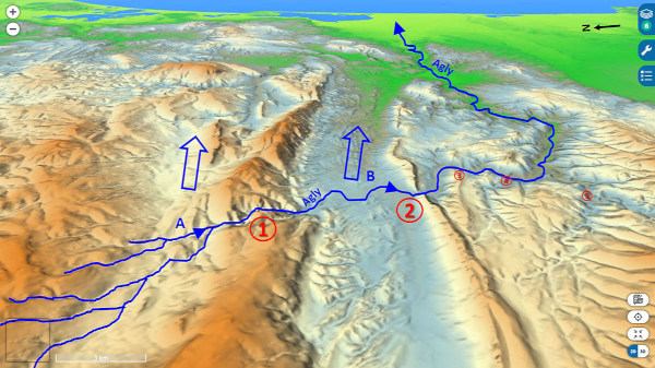 Vue oblique du cours de l'Agly sur fond topographique