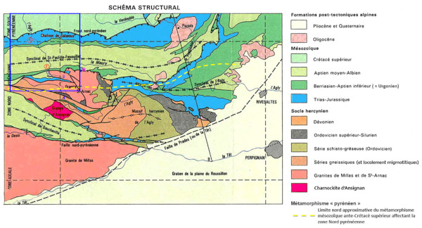 Schéma structural (légèrement modifié) se trouvant à la base de la version imprimée de la carte géologique de Rivesaltes à 1/50 000