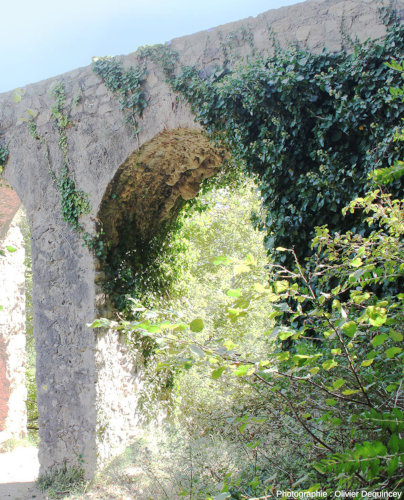 Vue générale de la voute de l’arche la plus à l’extrémité aval (au Sud-Ouest) de l’aqueduc d’Ansignan (Pyrénées-Orientales), juste sous le canal emprunté par l’eau