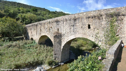 Vue depuis la rive gauche de la partie de l’aqueduc d’Ansignan (Pyrénées-Orientales) enjambant le lit majeur de l’Agly