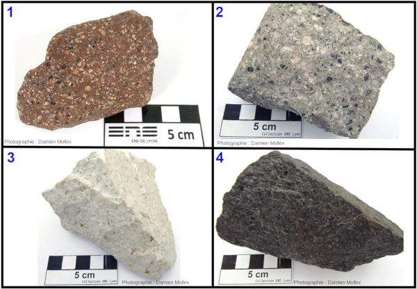 Quatre échantillons de rhyolites paléozoïques de France, avec des origines et des couleurs variées