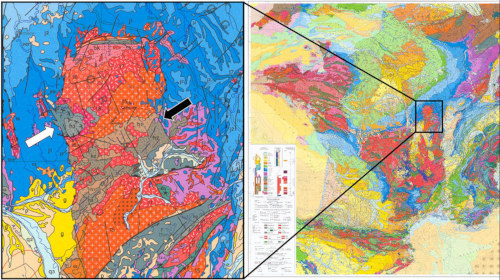Extrait de la carte géologique à 1/1 000 000 résumant la géologie du Morvan