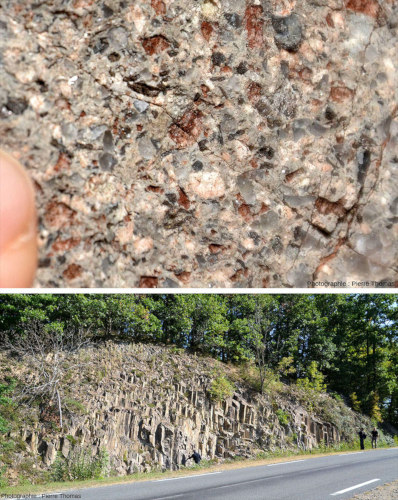 Échantillon et affleurement de rhyolite du sommet du Carbonifère inférieur de la région de Roanne (Loire)
