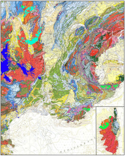 Extrait de la carte géologique de France à 1/1 000 000 montrant l'abondance du volcanisme rhyolitique permo-carbonifère dans le quart Sud-Est de la France