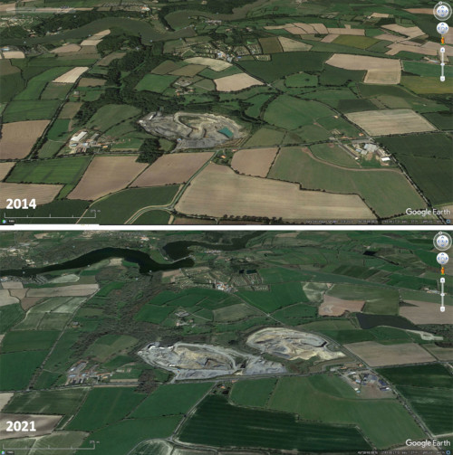 Vues aériennes montrant l'évolution de la carrière de rhyolite de Chie-Loup sur la commune de Landevieille (Vendée) entre 2014 et 2021