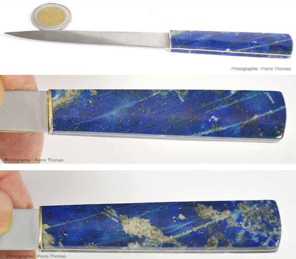 Trois vues sur un poignard au manche de lapis-lazuli chilien