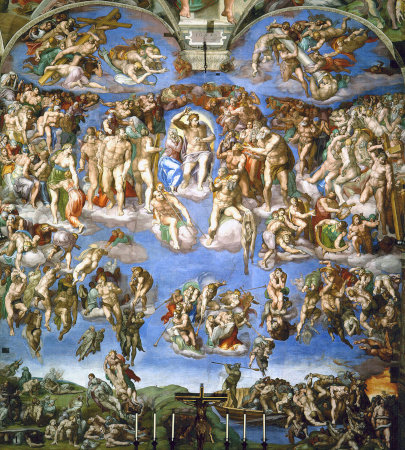 Vue d'ensemble de la fresque du Jugement Dernier de Michel-Ange, qui orne le mur situé à l'arrière de l'autel de la Chapelle Sixtine (Vatican)