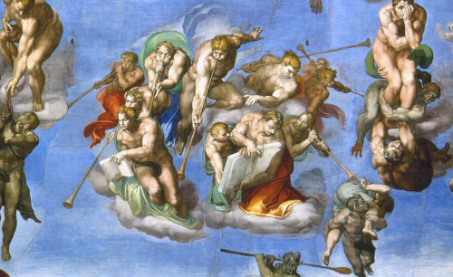Détail de la fresque du Jugement Dernier de Michel-Ange, qui orne le mur situé à l'arrière de l'autel de la Chapelle Sixtine (Vatican)