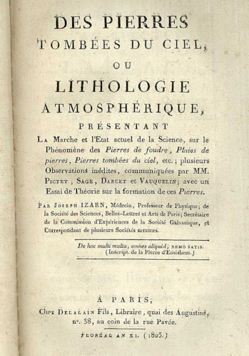 Page de garde d'un livre publié quelques jours avant la chute de la météorite de L'Aigle
