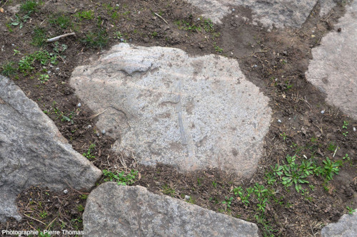 Vue d'ensemble sur une dalle de granite ayant une histoire relativement complexe, voie romaine de Fourvière (Lyon, Rhône)